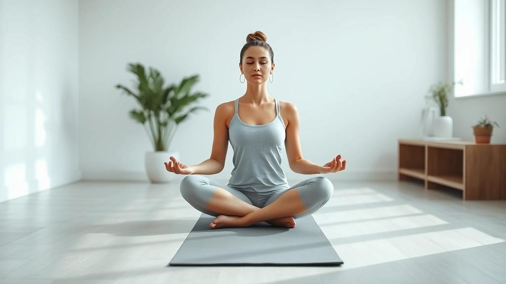 Woman meditating in comfortable seated position on yoga mat in bright room with soft natural lighting, calm peaceful expression, minimal modern interior design, photorealistic wellness scene