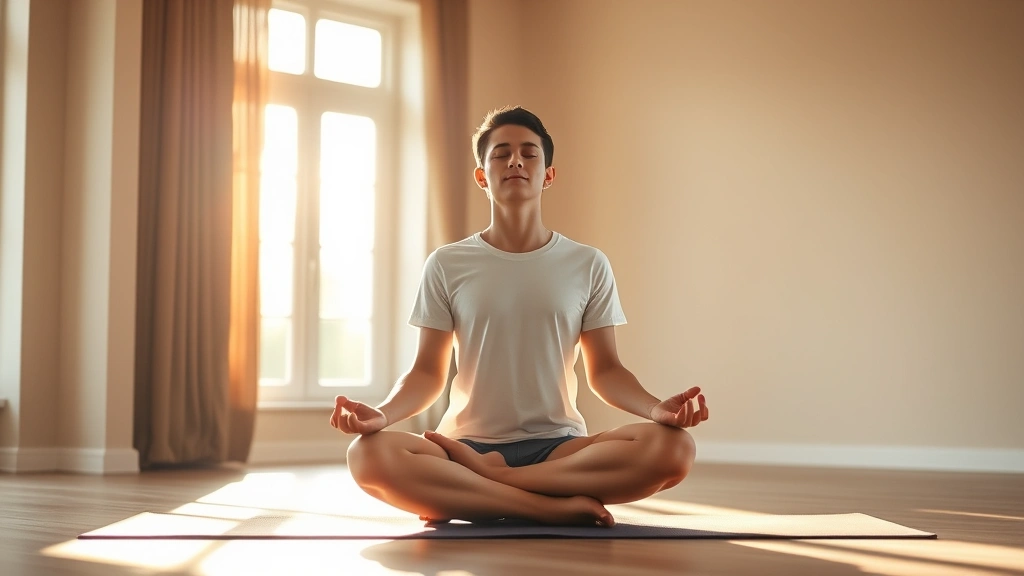Individual meditating in lotus position on yoga mat, soft natural morning light through windows, serene peaceful expression, indoor meditation space with warm tones and simplicity