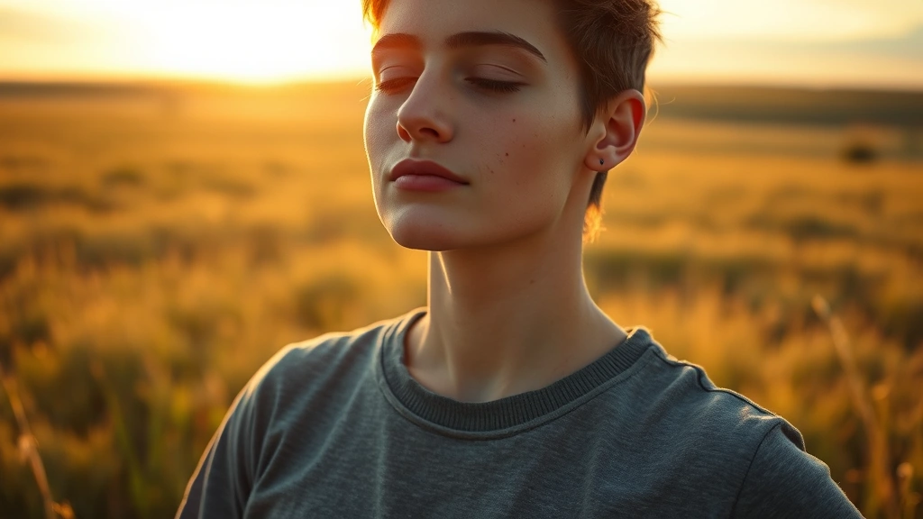 Close-up of someone meditating outdoors in central Kansas prairie landscape, eyes closed, calm posture, golden hour lighting, photorealistic, peaceful atmosphere, no text or objects