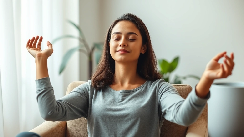 Person meditating or in relaxation pose indoors, comfortable chair, soft natural lighting, peaceful facial expression, plant visible in background, serene mental clarity, wellness focused