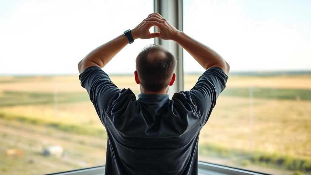 Man taking a break from work, stretching arms upward near window overlooking Kansas prairie landscape, energized expression, natural afternoon light, photorealistic movement and wellness