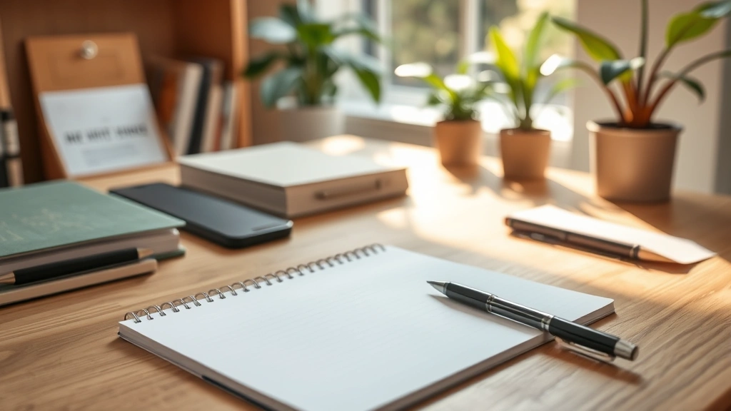 Organized workspace with clear surfaces, notebook and pen neatly arranged, natural wood desk, morning sunlight streaming across organized environment, plants visible in background, peaceful productive setting
