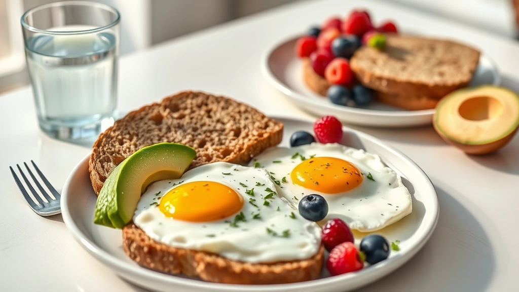 Healthy breakfast spread with eggs, whole grain toast, avocado, berries, and water glass on clean table, bright natural lighting, photorealistic, appetizing presentation, no visible text or labels