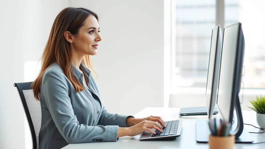 Professional woman sitting at modern desk in bright office space, looking focused and calm with hands on keyboard, natural sunlight streaming through window, minimal desk setup, serene expression, central Kansas office environment
