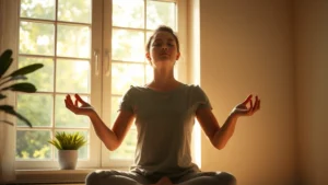 Person meditating peacefully in morning sunlight by a window, serene expression, natural light streaming in, indoor peaceful setting, photorealistic