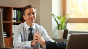 Person in professional attire sitting at desk with hands folded in moment of calm focus, soft natural lighting from window, peaceful expression indicating mental clarity and concentration
