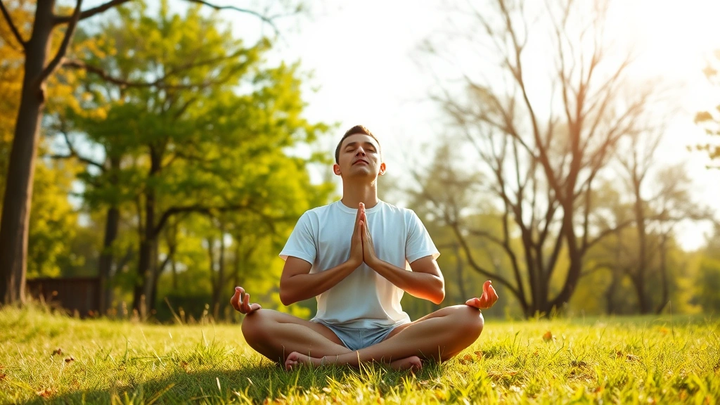 Serene individual meditating in cross-legged position in bright natural setting with trees and sky visible, embodying peaceful focus and mindfulness practice for mental wellness