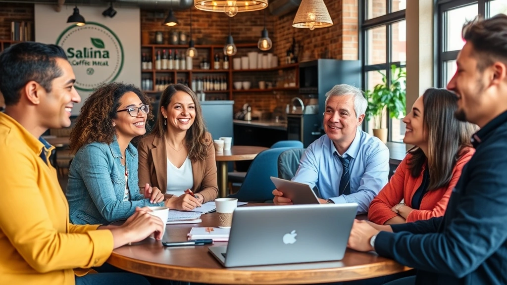Group of diverse professionals in Salina coffee shop having collaborative discussion, smiling and engaged, natural lighting, notebooks and laptops visible, community and mental health support atmosphere