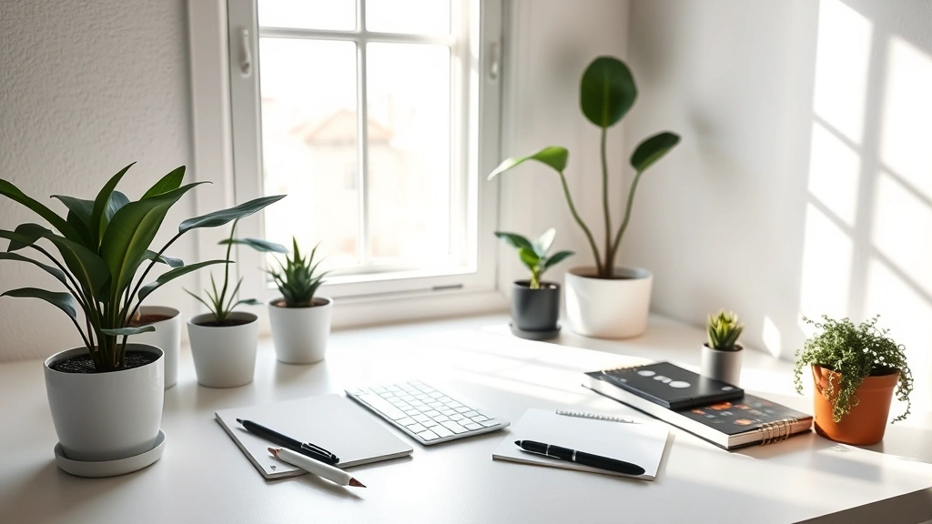 Clean minimalist desk workspace with potted plants, notebook, pen, and natural daylight streaming through window, demonstrating organized environment supporting concentration and mental health