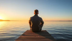 Person sitting on a dock overlooking a calm Minnesota lake during golden hour morning light, peaceful expression, surrounded by natural beauty, photorealistic