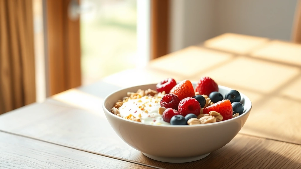 Healthy breakfast bowl with fresh berries, nuts, and yogurt on wooden table near a bright window with natural daylight streaming in, appetizing presentation