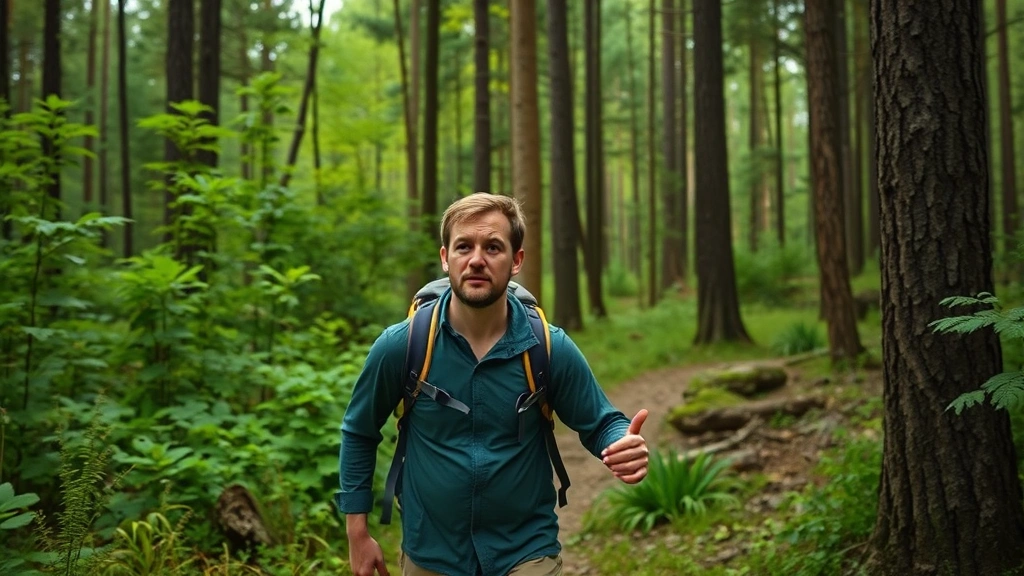 Someone hiking through Minnesota forest trail surrounded by tall trees and green vegetation, engaged and focused expression, natural woodland setting, photorealistic