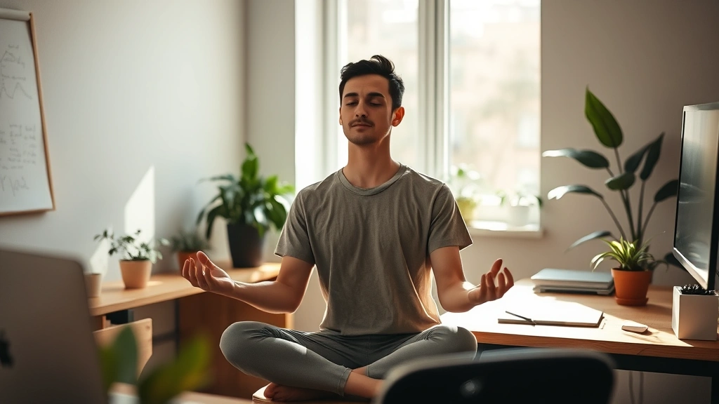 Person meditating peacefully in minimalist workspace with natural light streaming through window, focused expression, calm professional environment, plants visible, wooden desk, no screens visible