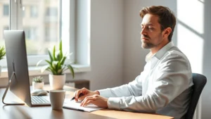Professional adult at desk with serene expression, morning light streaming through window, coffee cup nearby, calm focused demeanor, minimalist workspace with plants