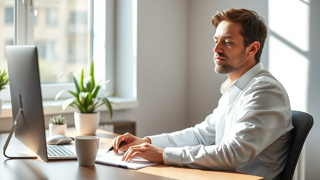 Professional adult at desk with serene expression, morning light streaming through window, coffee cup nearby, calm focused demeanor, minimalist workspace with plants