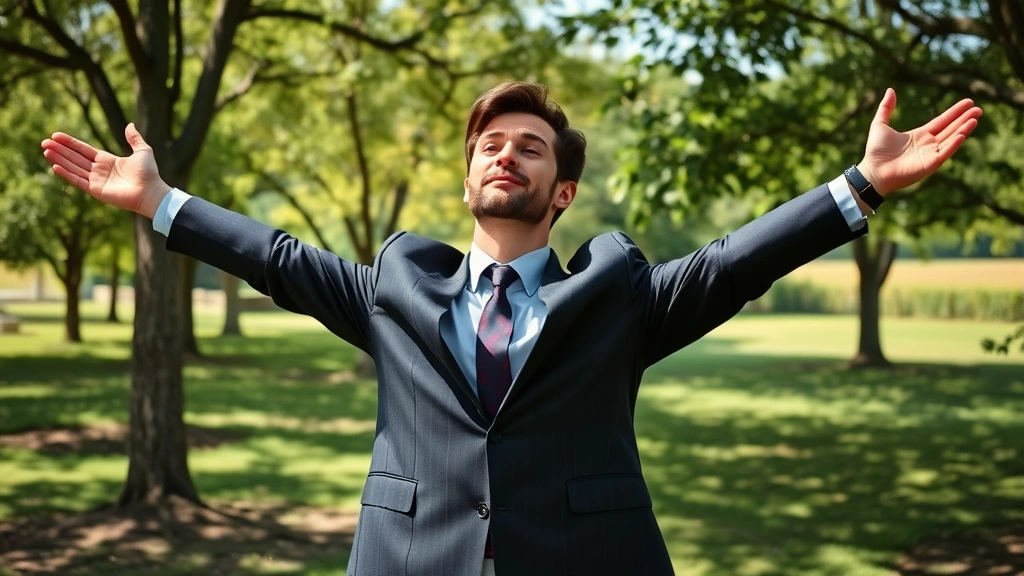 Person taking a break outdoors in nature, stretching with trees and green landscape visible, bright daylight, relaxed posture, professional setting transitioning to natural environment, peaceful expression
