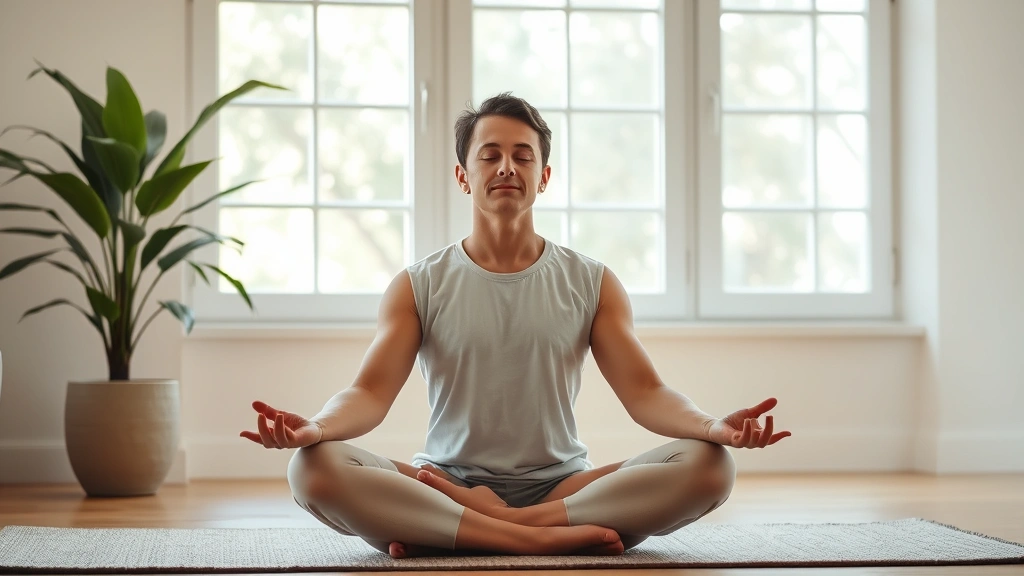 Individual meditating peacefully in comfortable seated position, natural window light, tranquil environment, focused breathing posture, mental wellness practice