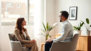 Professional therapist in calming office environment, client sitting comfortably in natural light, both appearing engaged and focused, minimalist modern interior design, warm neutral tones, photorealistic, serene atmosphere