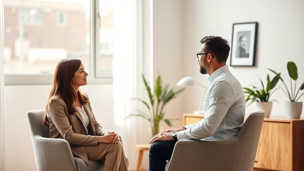 Professional therapist in calming office environment, client sitting comfortably in natural light, both appearing engaged and focused, minimalist modern interior design, warm neutral tones, photorealistic, serene atmosphere