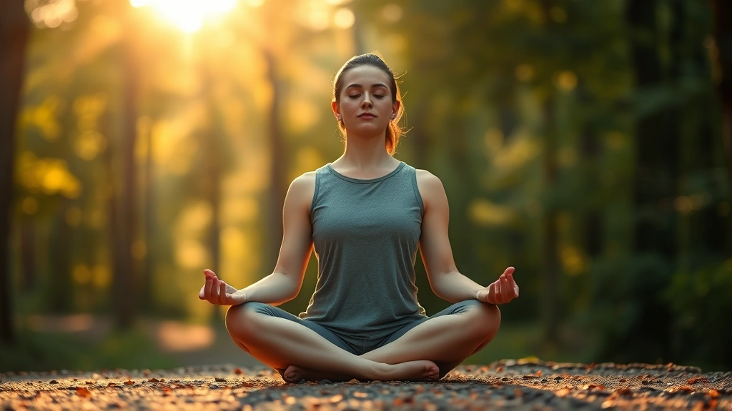 Person meditating peacefully in natural morning light, sitting cross-legged with relaxed posture, eyes gently closed, serene forest background blurred softly behind, golden sunlight filtering through trees, photorealistic high quality