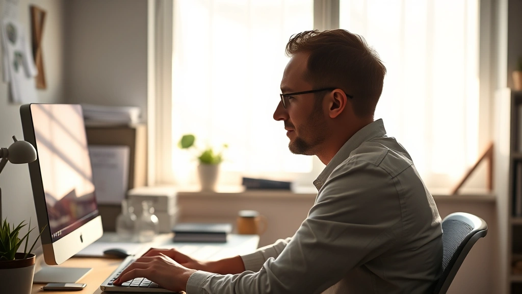 Person at desk with clear workspace, deep in focused concentration, morning sunlight streaming through window, calm facial expression, organized environment with minimal distractions, photorealistic productivity scene