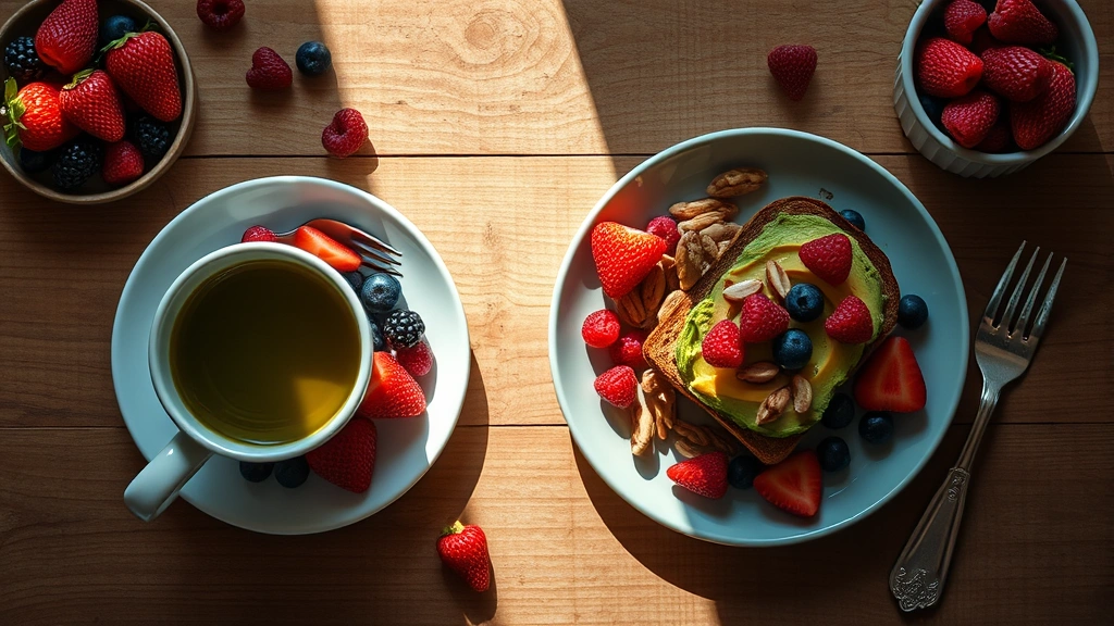 Overhead view of nutritious breakfast spread on wooden table: fresh berries, nuts, avocado toast, green tea, natural daylight streaming across scene, vibrant colors, no text visible, minimalist composition