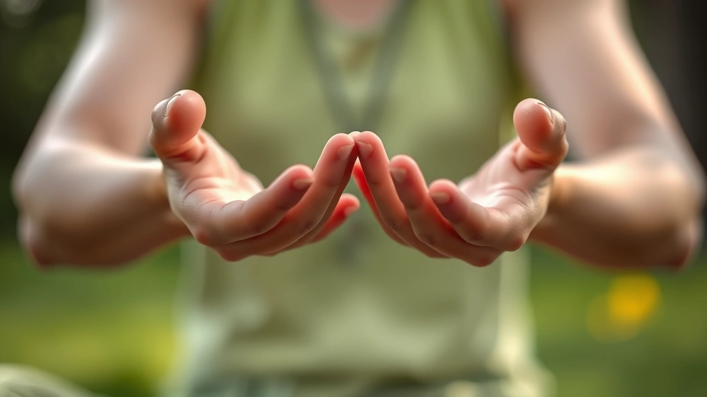 Close-up of someone's hands during mindfulness meditation pose, peaceful expression, natural outdoor setting with soft focus background, demonstrating mental clarity and emotional regulation, photorealistic wellness moment