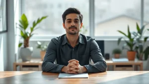 Person sitting peacefully at wooden desk in bright natural light, hands folded, calm expression, minimalist workspace with plants, soft focus background, serene professional environment, photorealistic