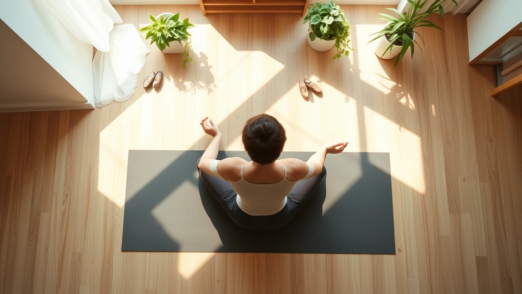 Top-down view of person meditating on yoga mat in sunlit room, peaceful posture, natural wooden floor, houseplants visible, morning light streaming through window, calm meditative state, photorealistic