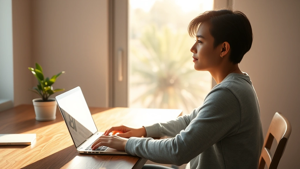 Student sitting at wooden desk with laptop, morning sunlight streaming through window, peaceful focused expression, minimalist workspace with plant, photorealistic warm lighting