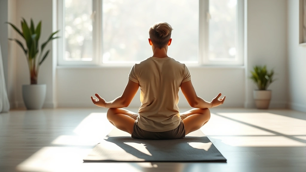 Person meditating cross-legged on yoga mat in bright room, natural light, calm peaceful atmosphere, relaxed posture, clean modern interior space, photorealistic