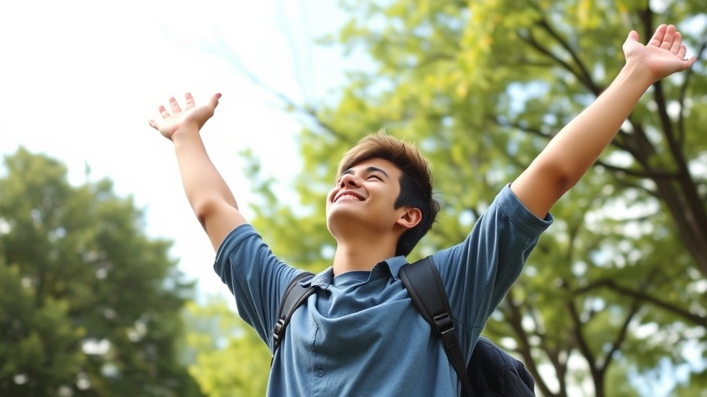 College student taking break outdoors, stretching arms up toward sky, green trees in background, energized expression, natural daylight, photorealistic healthy lifestyle