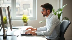 Person sitting at a clean, minimalist desk with natural sunlight streaming through a window, looking focused and calm, hands typing on keyboard, plant visible in background, bright morning light
