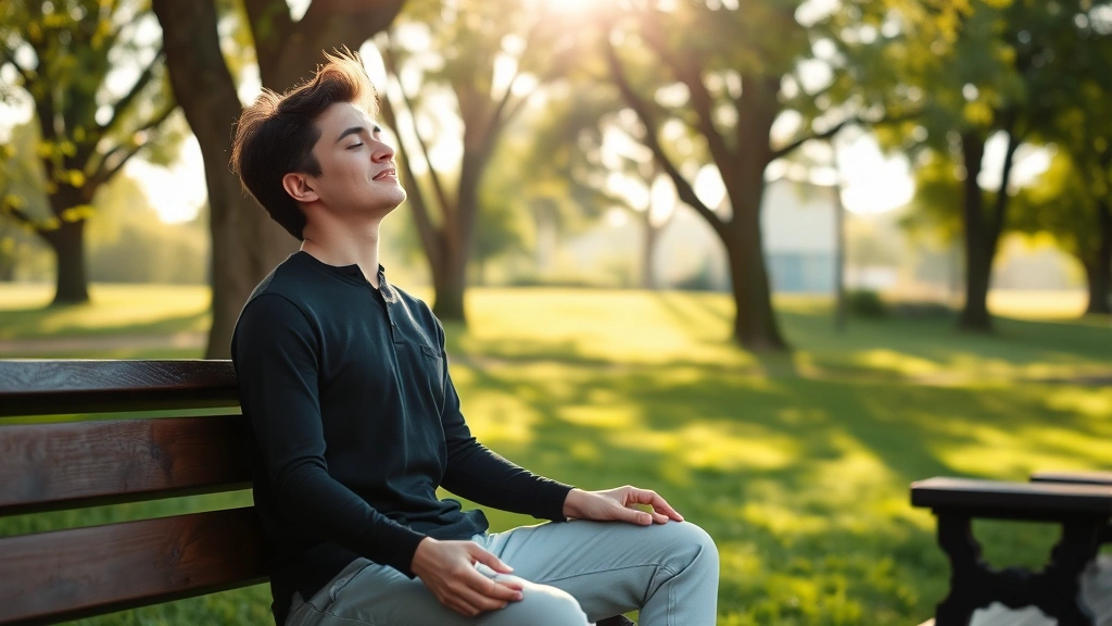 Person sitting on a wooden bench in a peaceful park setting, morning sunlight filtering through trees, eyes closed in peaceful meditation, serene facial expression, natural park background with green grass and trees