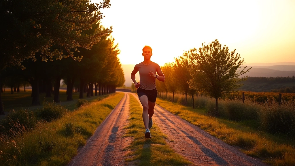 Someone jogging on a tree-lined trail at sunrise or sunset, athletic build, natural outdoor lighting, peaceful expression, motion captured mid-stride, beautiful landscape in background