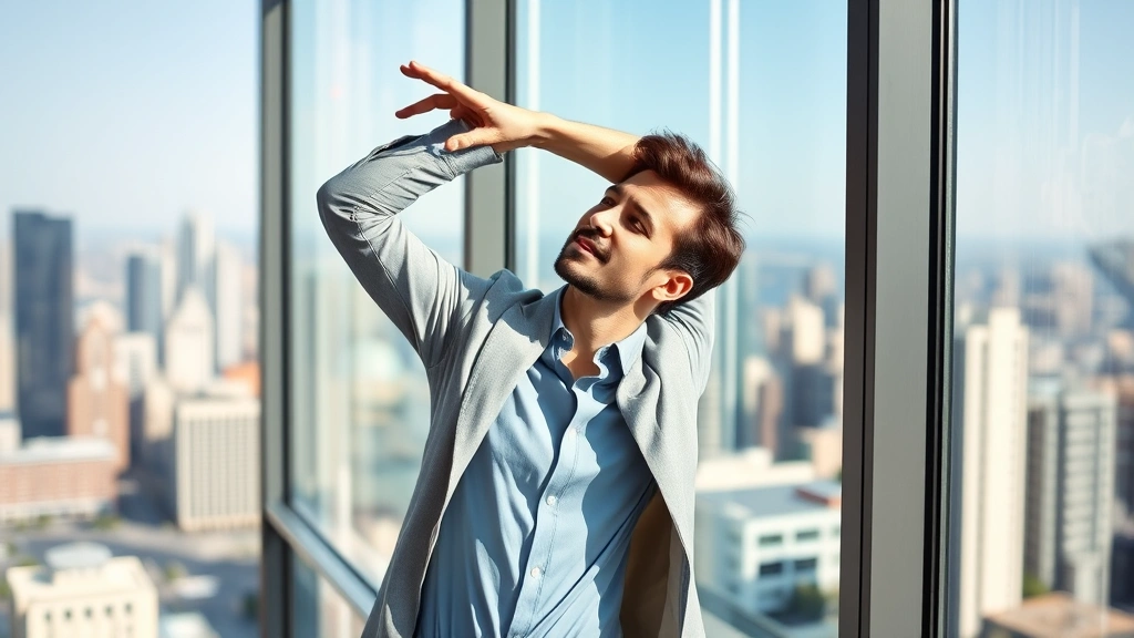 Individual taking a break from work, stretching by a window overlooking a city landscape, relaxed posture, confident expression, professional casual clothing, bright natural lighting