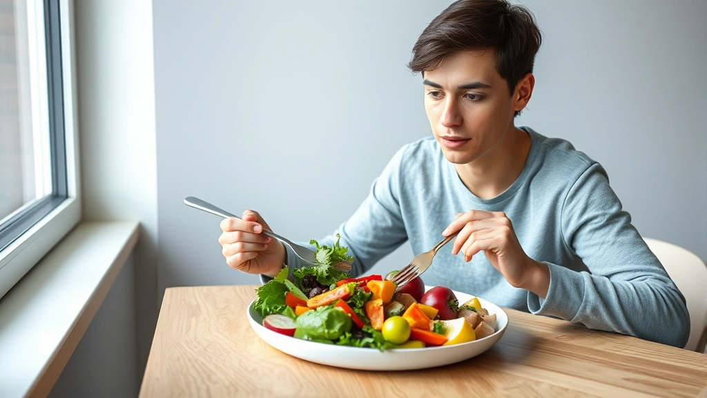 Person eating a colorful healthy meal at a wooden table, vibrant vegetables and whole foods visible, natural window lighting from side, calm focused expression, minimalist modern setting
