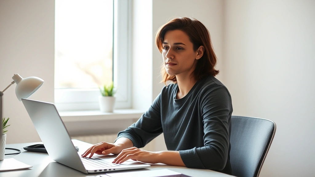 Person sitting at desk with perfect posture, bright natural light streaming through window, completely focused on work, clean minimalist workspace, peaceful expression, no distractions visible, mid-morning lighting