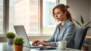 Professional woman at desk with laptop displaying focused concentration expression, morning sunlight through office window, coffee cup nearby, minimal desk with plants, photorealistic high resolution