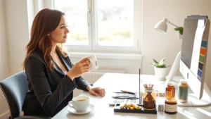 Professional woman at desk with morning coffee and supplements, bright natural light streaming through window, focused expression, clean minimal workspace, morning routine emphasis