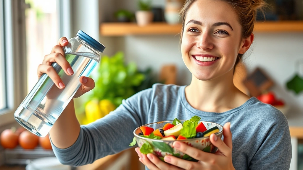 Person holding water bottle and healthy meal bowl, looking energized and alert, natural kitchen setting, fresh vegetables and fruits visible, warm natural lighting, healthy glow on face, hydration and nutrition focus