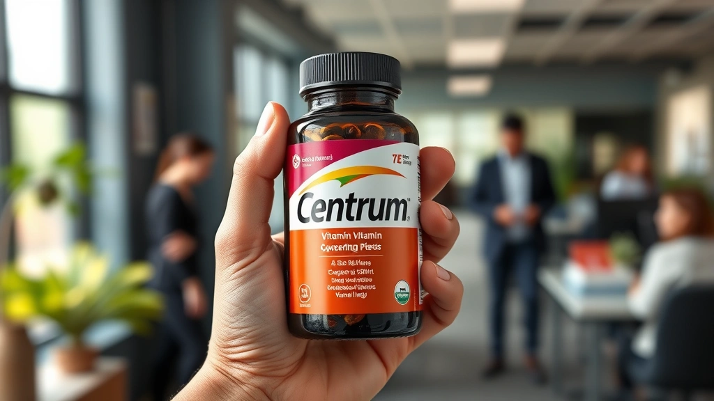 Close-up of hands holding Centrum vitamin bottle with blurred busy office environment background, natural lighting emphasizing product clarity and professionalism, photorealistic