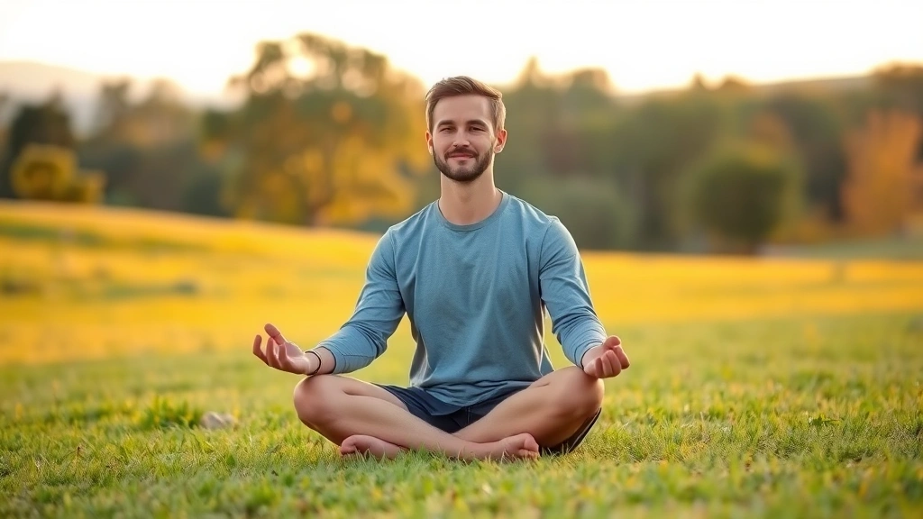 Person meditating in peaceful natural setting, sitting cross-legged on grass, serene landscape background, calm expression, golden hour lighting, trees and nature surroundings, embodying tranquility and mental clarity