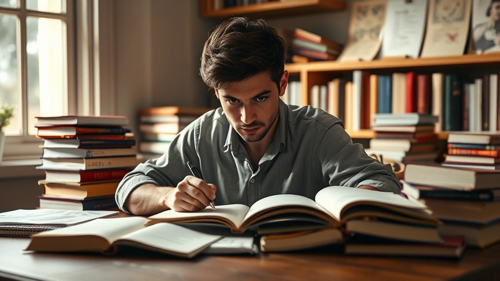 Person studying at wooden desk surrounded by books and notes with intense concentrated expression, warm natural lighting from window, clean organized workspace, photorealistic professional photography