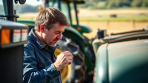 Person intently examining agricultural equipment at an outdoor farm exhibition, bright natural lighting, focused expression, hands-on interaction with machinery, natural background with fields