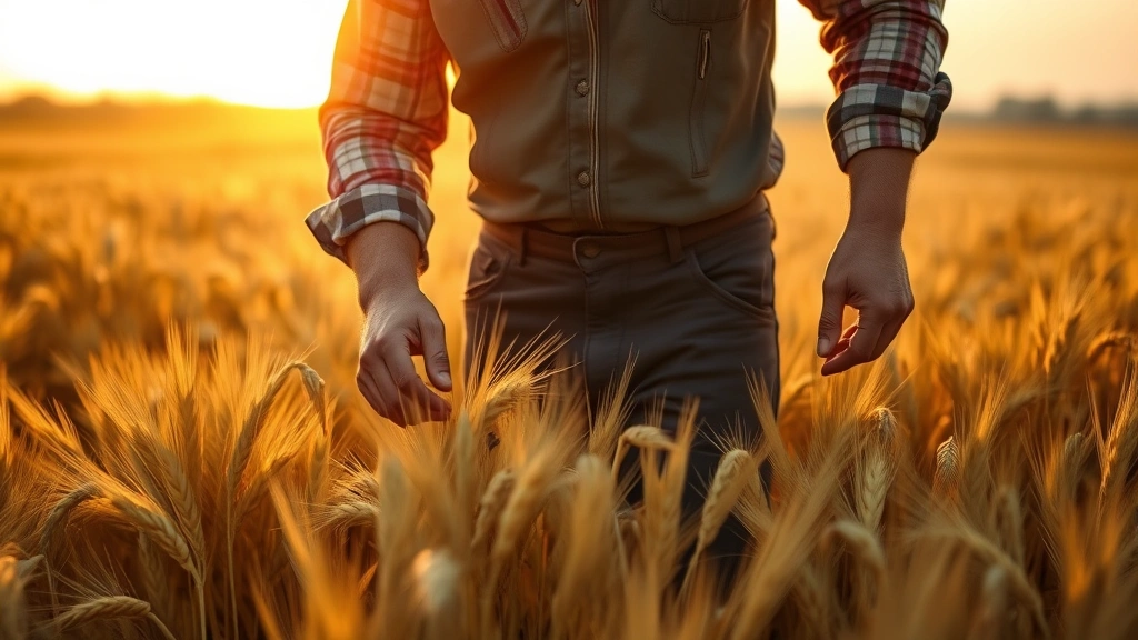 Farmer in golden wheat field during early morning sunrise, completely focused on harvesting work, hands visible working with crops, peaceful rural landscape, warm natural lighting