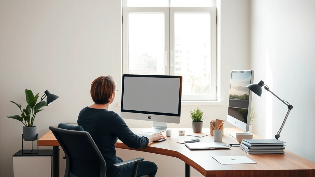 Professional workspace with minimalist desk setup, single computer monitor, natural window light streaming in, plant on desk, completely clutter-free wooden desk surface, person from shoulders down working focused, warm neutral tones, photorealistic