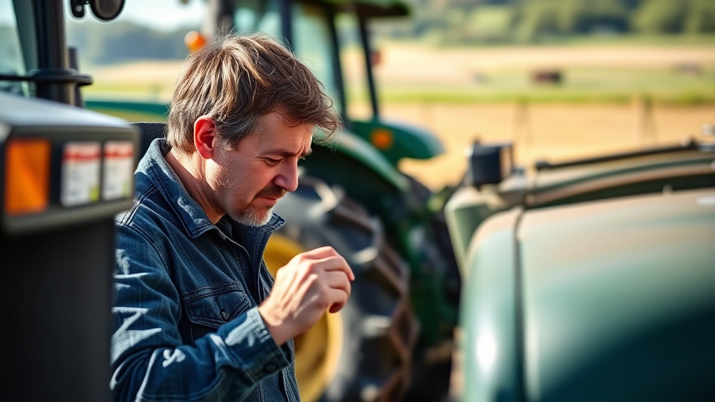 Person intently examining agricultural equipment at an outdoor farm exhibition, bright natural lighting, focused expression, hands-on interaction with machinery, natural background with fields