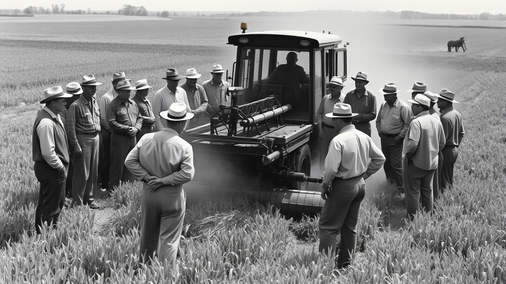 Multiple farmers gathered around a live equipment demonstration in a field, watching a mechanical harvester operate, dust and action, engaged faces, 1940s rural setting, authentic agricultural scene