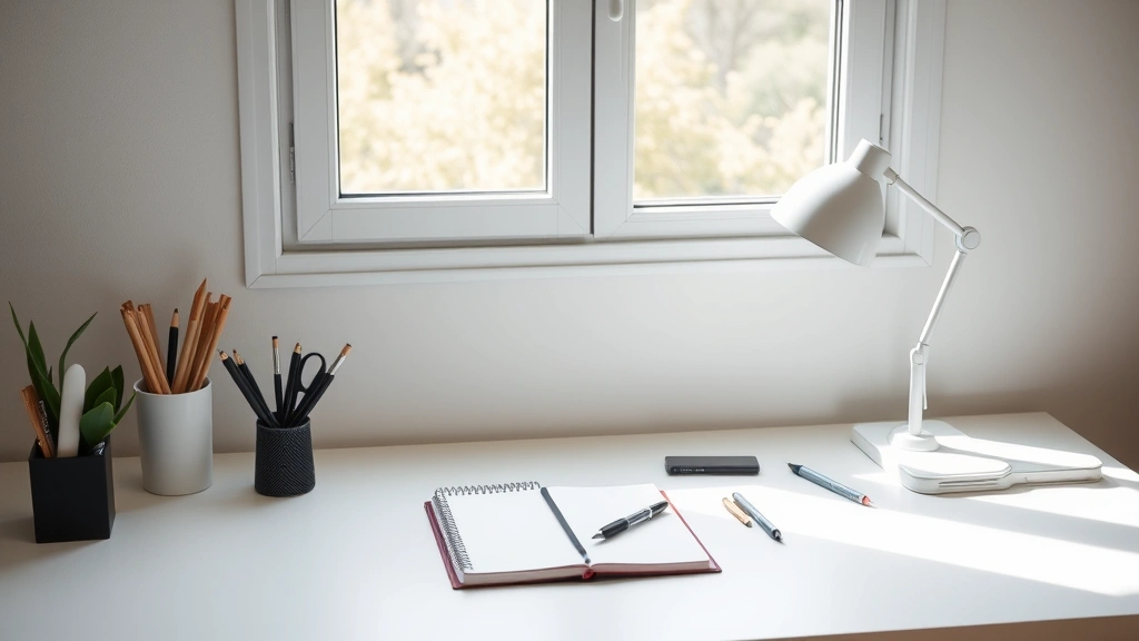 Clean, minimalist workspace desk with single task setup, natural window light streaming in, organized tools neatly arranged, one notebook and pen, peaceful productivity environment
